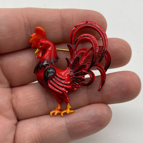 VTG Original by Robert red enamel rooster chicken brooch pin lapel signed - Picture 2 of 6